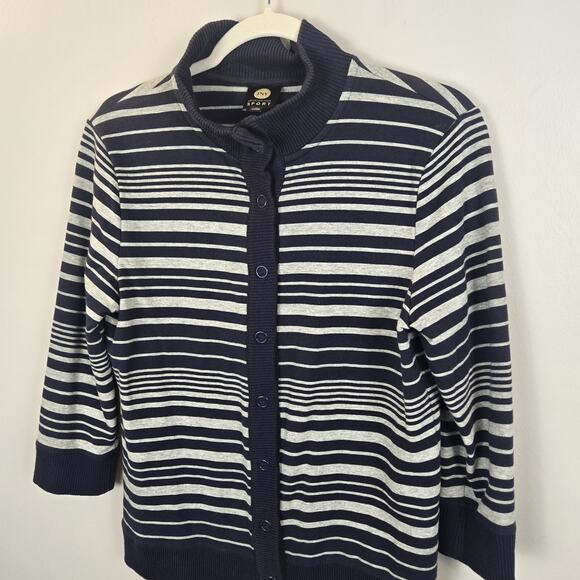 Jones New York Sport Cardigan Size M Blue White Stripe Snap Front PREPPY CLASSIC - Picture 2 of 9